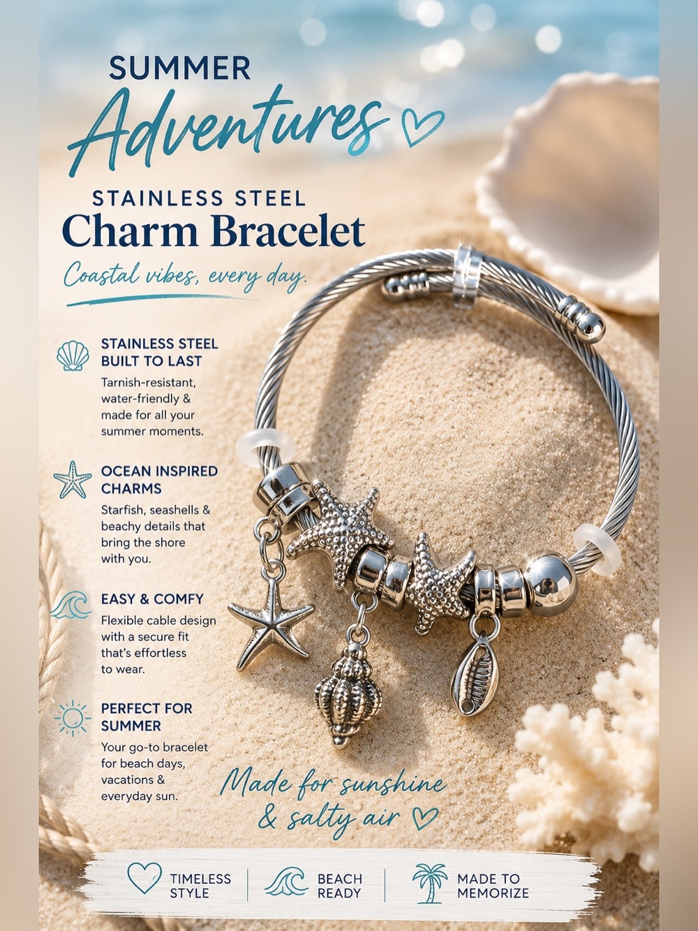 Stainless Steel Silver Charm Bracelet – Coastal Starfish & Seashell Charms